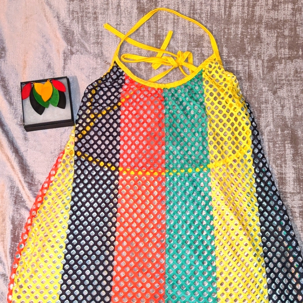 Mesh swimsuit cover and matching earrings